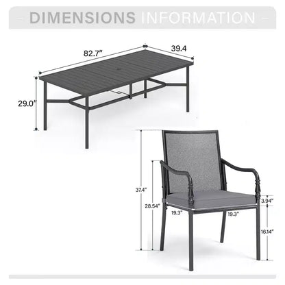 Captiva Designs Ensemble de 9 pièces, table rectangulaire spacieuse en métal à lattes avec trou pour parasol et chaises fixes en acier avec accoudoirs en forme de calebasse.