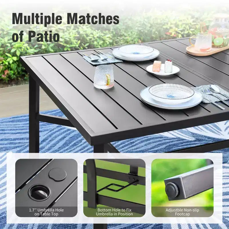 Captiva Designs Ensemble de 9 pièces, table rectangulaire spacieuse en métal à lattes avec trou pour parasol et chaises fixes en acier avec accoudoirs en forme de calebasse.