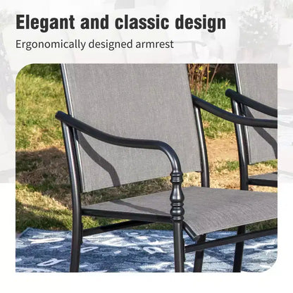 Captiva Designs Ensemble de 9 pièces, table rectangulaire spacieuse en métal à lattes avec trou pour parasol et chaises fixes en acier avec accoudoirs en forme de calebasse.