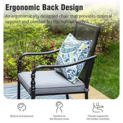 Captiva Designs Ensemble de 9 pièces, table rectangulaire spacieuse en métal à lattes avec trou pour parasol et chaises fixes en acier avec accoudoirs en forme de calebasse.