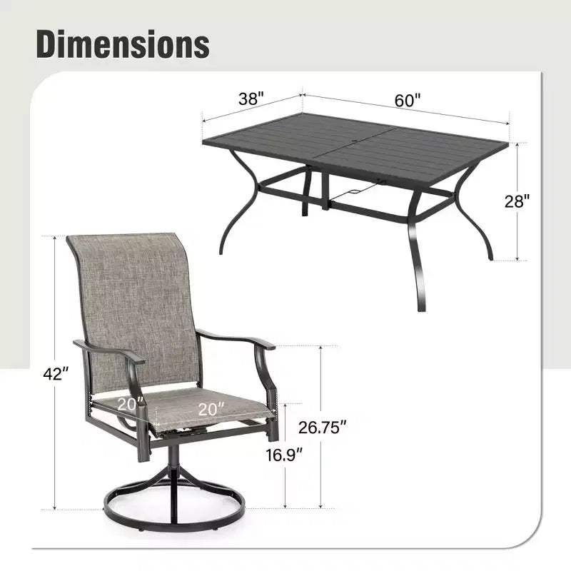 Captiva Designs, table de salle à manger rectangulaire en acier à plateau à lattes pour l'extérieur et 6 chaises rembourrées en textilène, marron-gris