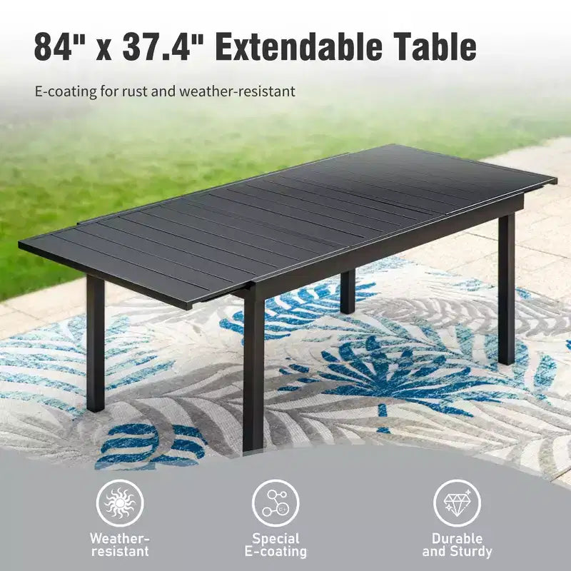 Captiva Designs, table de salle à manger rectangulaire en acier à plateau à lattes pour l'extérieur et 6 chaises rembourrées en textilène, marron-gris