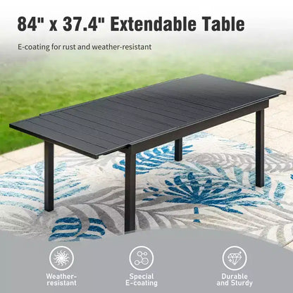 Captiva Designs, table de salle à manger rectangulaire en acier à plateau à lattes pour l'extérieur et 6 chaises rembourrées en textilène, marron-gris