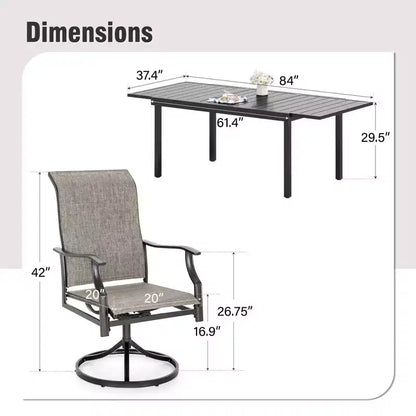Captiva Designs, table de salle à manger rectangulaire en acier à plateau à lattes pour l'extérieur et 6 chaises rembourrées en textilène, marron-gris