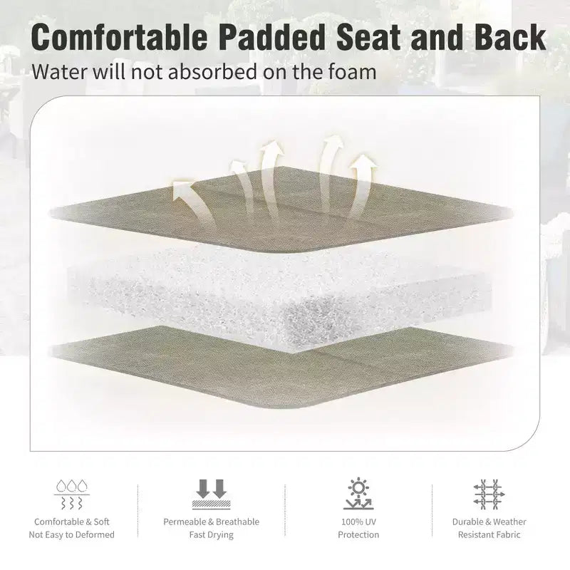 Captiva Designs, table de salle à manger rectangulaire en acier à plateau à lattes pour l'extérieur et 6 chaises rembourrées en textilène, marron-gris