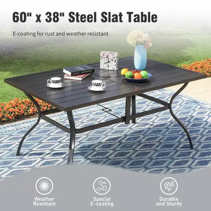 Captiva Designs, table de salle à manger rectangulaire en acier à plateau à lattes pour l'extérieur et 6 chaises rembourrées en textilène, marron-gris