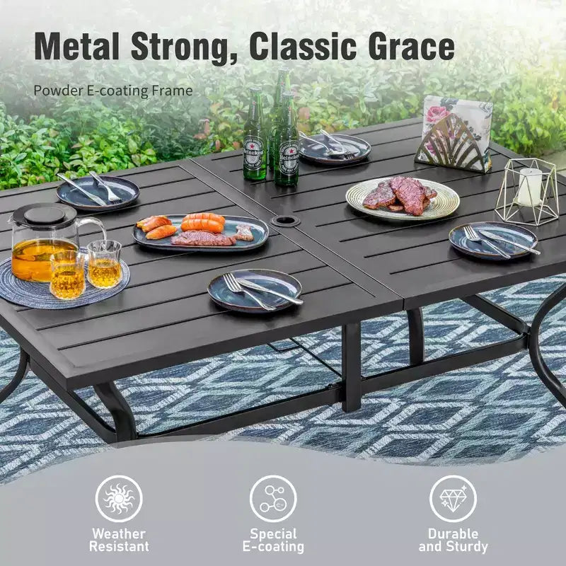 Captiva Designs, table de salle à manger rectangulaire en acier à plateau à lattes pour l'extérieur et 6 chaises rembourrées en textilène, marron-gris
