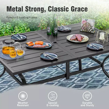Captiva Designs, table de salle à manger rectangulaire en acier à plateau à lattes pour l'extérieur et 6 chaises rembourrées en textilène, marron-gris