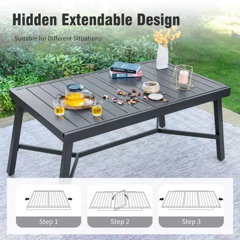 Captiva Designs Set da 9 Pezzi da Giardino Tavolo Rettangolare Estensibile in Acciaio Nero e Sedie Girevoli in Textilene