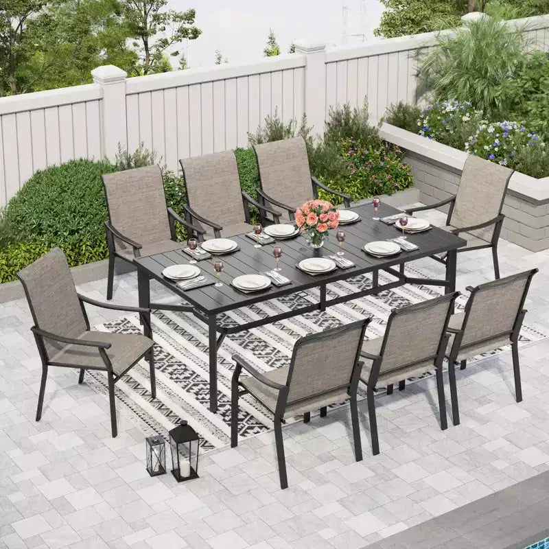 Captiva Designs Tavolo Rettangolare da Esterno 9 Pezzi in Acciaio Nero e Sedie Fisse in Textilene Marrone