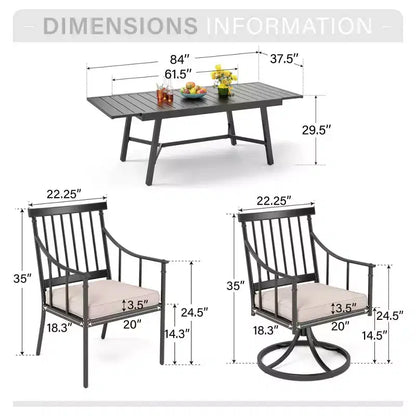 Captiva Designs Set da 9 pezzi, tavolo rettangolare in acciaio con piano a doghe regolabile e sedie a braccioli eleganti con cuscini per patio