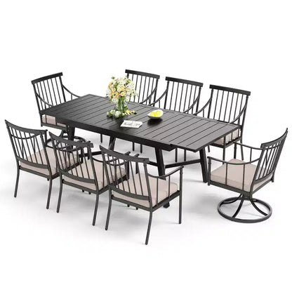 Captiva Designs Set da 9 pezzi, tavolo rettangolare in acciaio con piano a doghe regolabile e sedie a braccioli eleganti con cuscini per patio