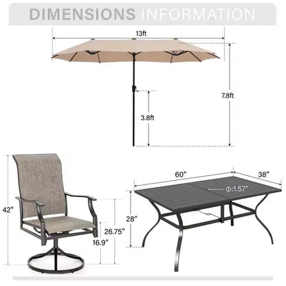 Captiva Desighttps Set pranzo da patio 8 pezzi con tavolo rettangolare in acciaio con piano a doghe e sedie girevoli imbottite in tessuto a fionda e ombrellone a palo centrale