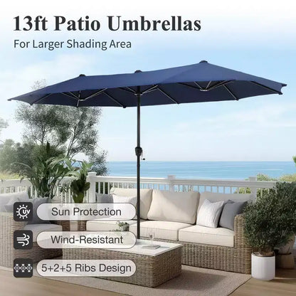 Captiva Desighttps Set pranzo da patio 8 pezzi con tavolo rettangolare in acciaio con piano a doghe e sedie girevoli imbottite in tessuto a fionda e ombrellone a palo centrale