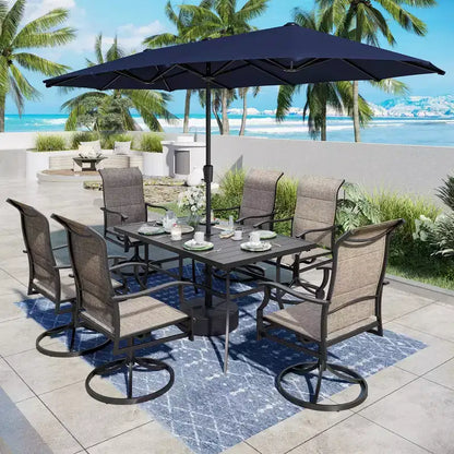 Captiva Desighttps Set pranzo da patio 8 pezzi con tavolo rettangolare in acciaio con piano a doghe e sedie girevoli imbottite in tessuto a fionda e ombrellone a palo centrale