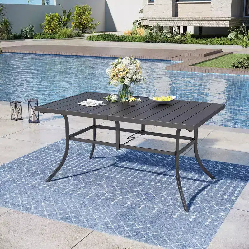 Captiva Designs Ensemble de salle à manger de patio 7 pièces, table en acier à lattes et chaises en rotin beige avec coussins
