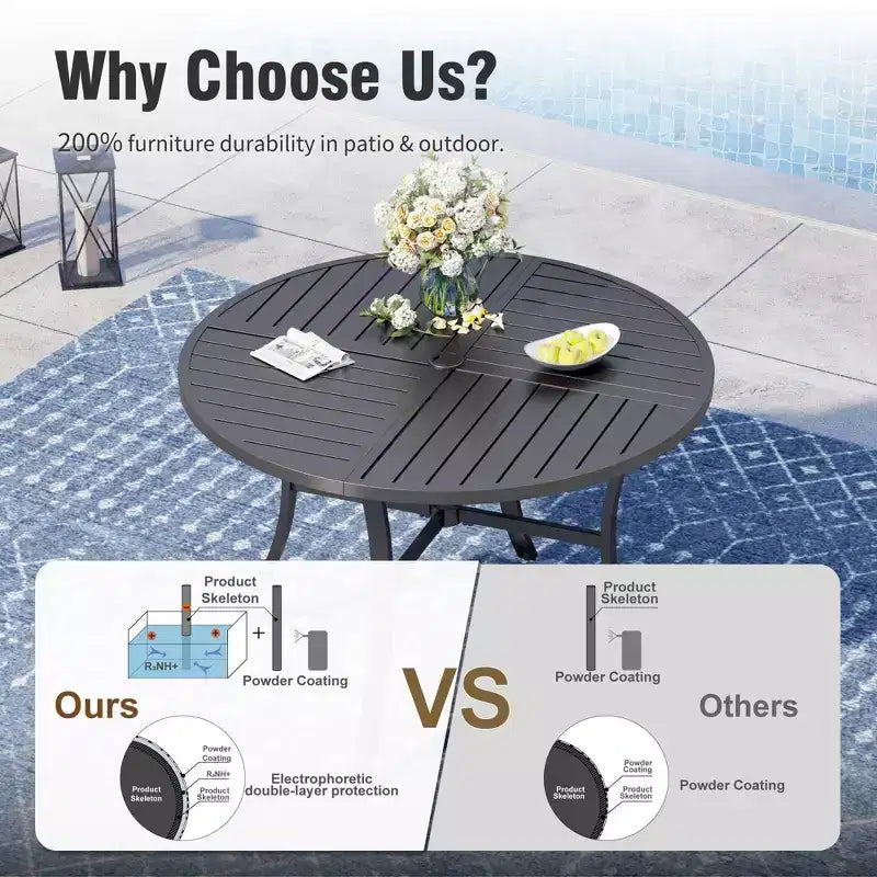 Captiva Designs Ensemble de salle à manger de patio 7 pièces, table en acier à lattes et chaises en rotin beige avec coussins