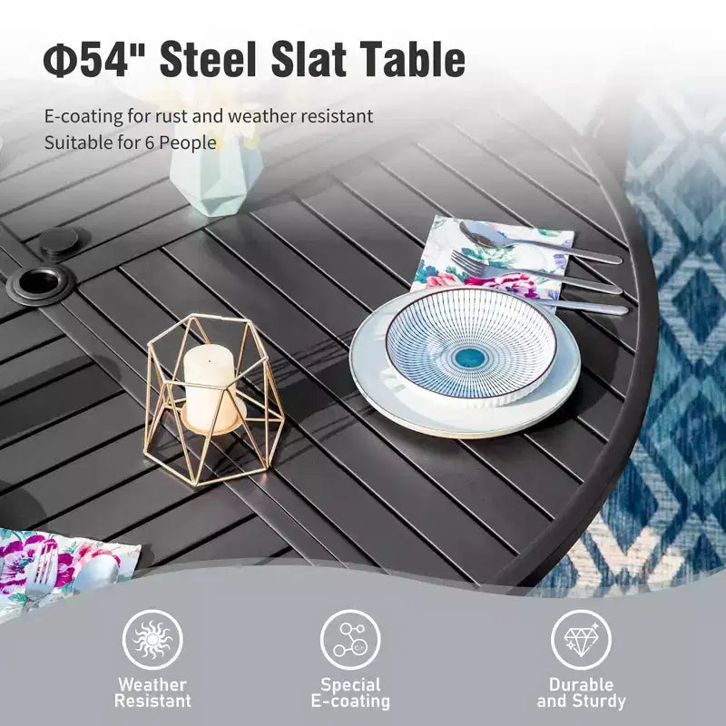 Captiva Designs Ensemble de salle à manger de patio 7 pièces, table en acier à lattes et chaises en rotin beige avec coussins