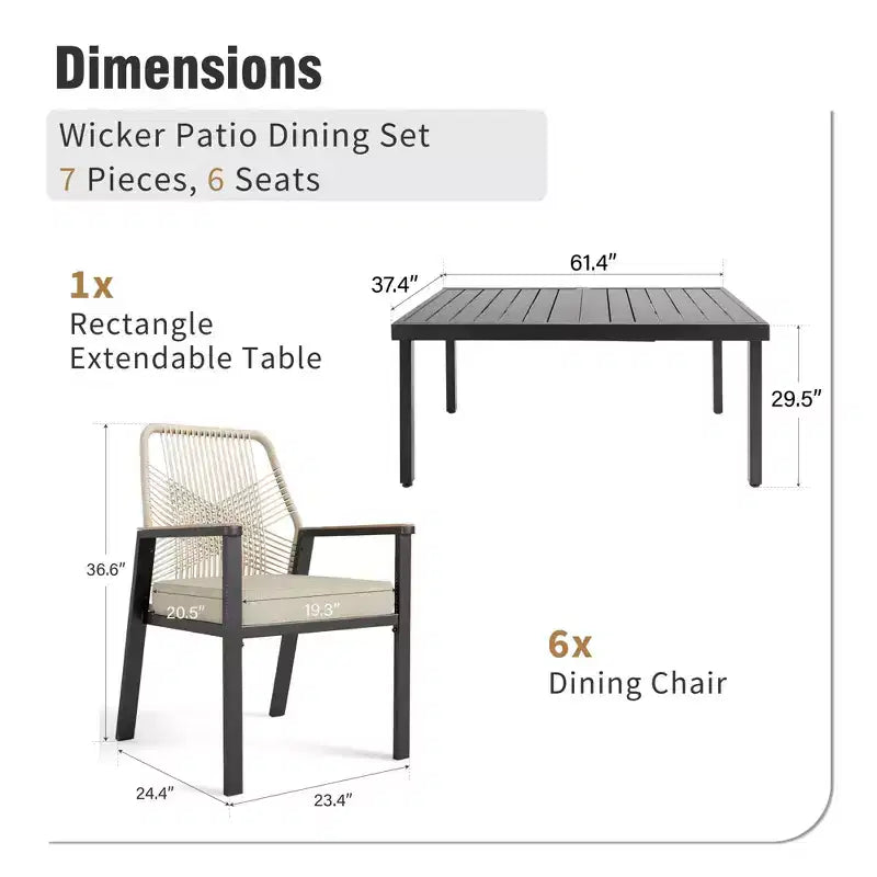 Captiva Designs Ensemble de salle à manger de patio 7 pièces, table en acier à lattes et chaises en rotin beige avec coussins