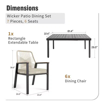 Captiva Designs Ensemble de salle à manger de patio 7 pièces, table en acier à lattes et chaises en rotin beige avec coussins