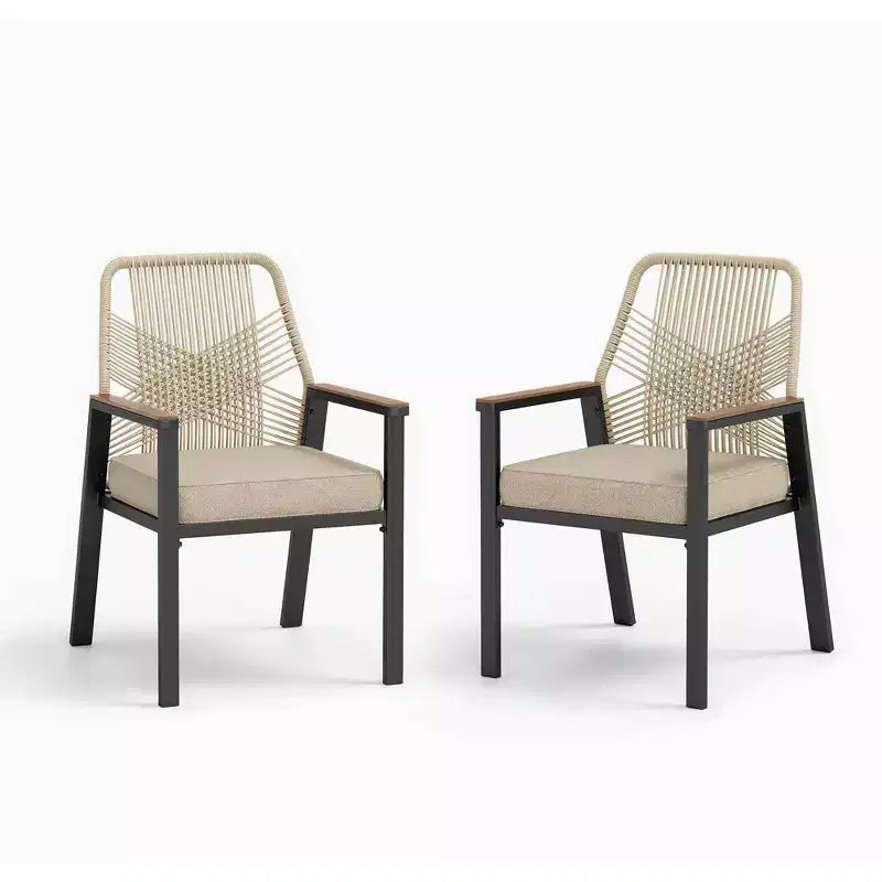 Captiva Designs Ensemble de salle à manger de patio 7 pièces, table en acier à lattes et chaises en rotin beige avec coussins