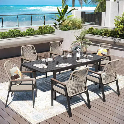 Captiva Designs Ensemble de salle à manger de patio 7 pièces, table en acier à lattes et chaises en rotin beige avec coussins