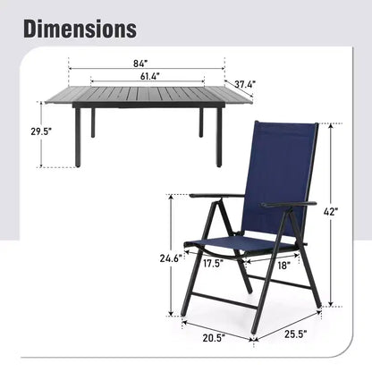 Set da pranzo da esterni Captiva Designs 9 pezzi con tavolo rettangolare in acciaio regolabile con piano a doghe e sedie pieghevoli con seduta in textilene