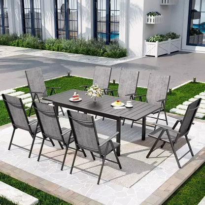 Set da pranzo da esterni Captiva Designs 9 pezzi con tavolo rettangolare in acciaio regolabile con piano a doghe e sedie pieghevoli con seduta in textilene