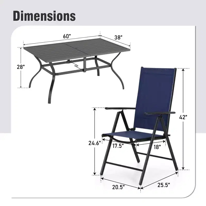 Ensemble de salle à manger d'extérieur 7 pièces Captiva Designs avec table rectangulaire à lattes et chaises pliantes en textilène