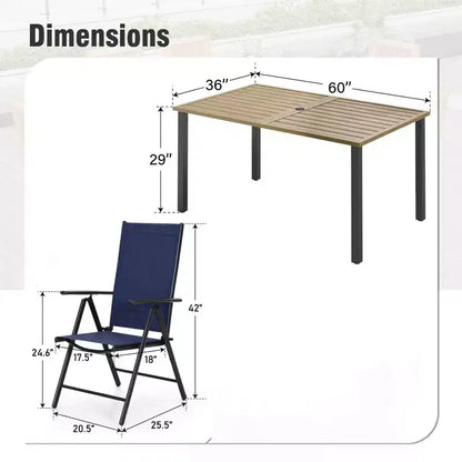 Ensemble de salle à manger d'extérieur 7 pièces Captiva Designs avec table rectangulaire à lattes et chaises pliantes en textilène
