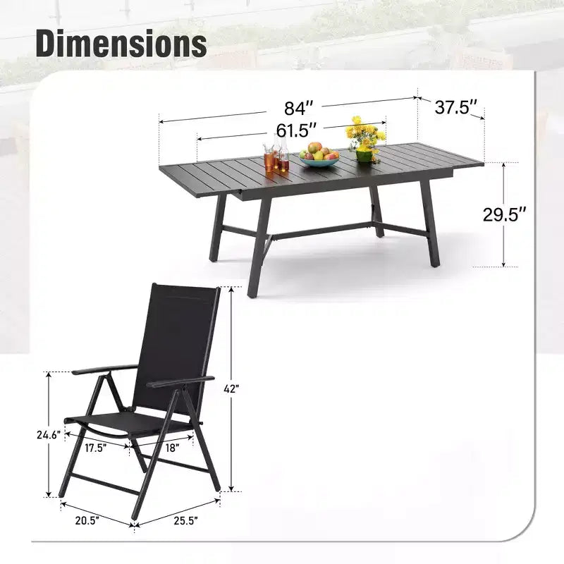 Ensemble de salle à manger d'extérieur 7 pièces Captiva Designs avec table rectangulaire à lattes et chaises pliantes en textilène