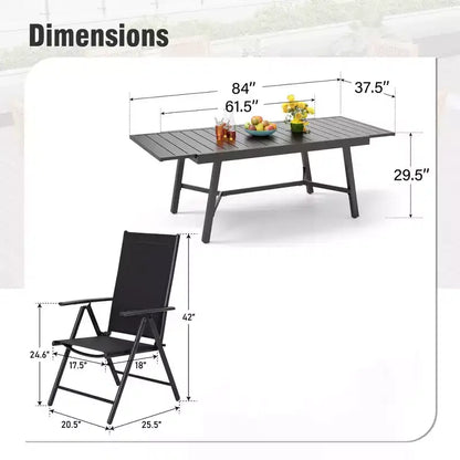 Ensemble de salle à manger d'extérieur 7 pièces Captiva Designs avec table rectangulaire à lattes et chaises pliantes en textilène