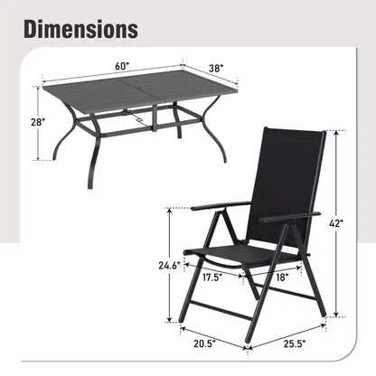 Ensemble de salle à manger d'extérieur 7 pièces Captiva Designs avec table rectangulaire à lattes et chaises pliantes en textilène
