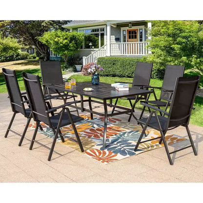 Ensemble de salle à manger d'extérieur 7 pièces Captiva Designs avec table rectangulaire à lattes et chaises pliantes en textilène