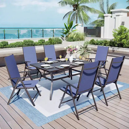 Ensemble de salle à manger d'extérieur 7 pièces Captiva Designs avec table rectangulaire à lattes et chaises pliantes en textilène