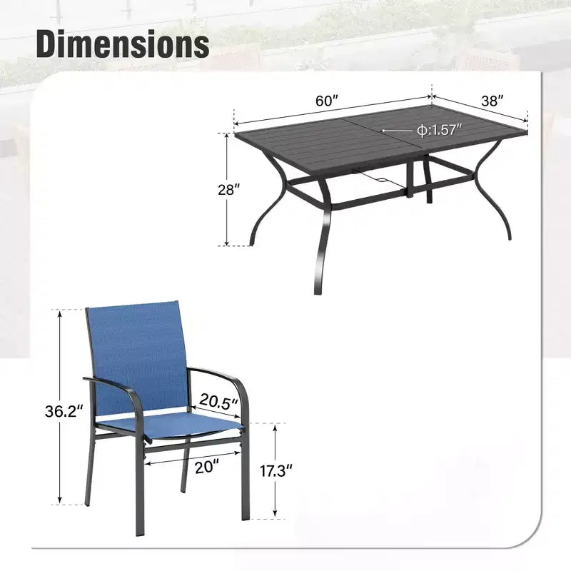 Ensemble de salle à manger d'extérieur Captiva Designs 7 pièces avec table rectangulaire à lattes et chaises fixes en textilène