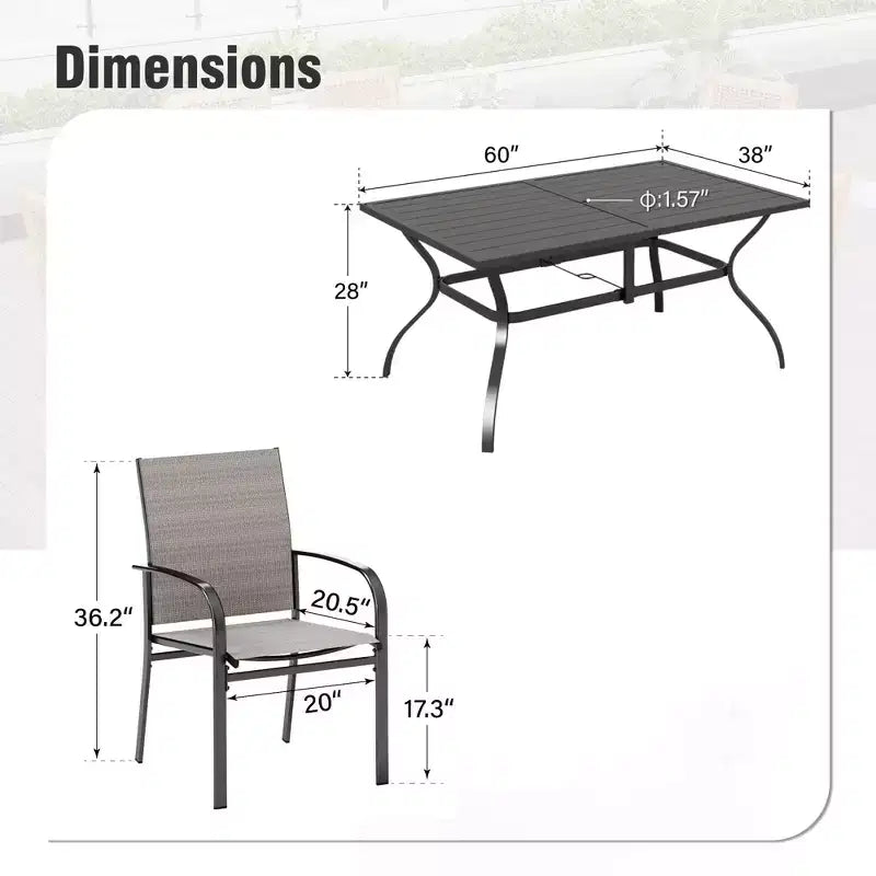 Ensemble de salle à manger d'extérieur Captiva Designs 7 pièces avec table rectangulaire à lattes et chaises fixes en textilène