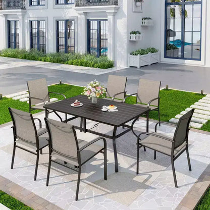 Ensemble de salle à manger d'extérieur Captiva Designs 7 pièces avec table rectangulaire à lattes et chaises fixes en textilène