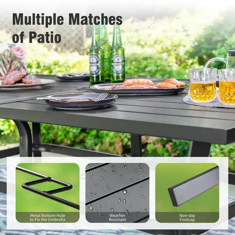 Captiva Designs, table de salle à manger rectangulaire 7 pièces en lattes et chaises en textilène avec accoudoirs imitation bois
