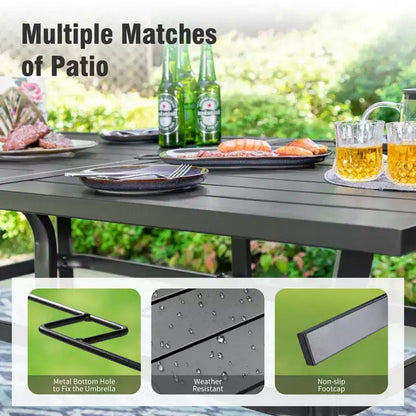 Captiva Designs, table de salle à manger rectangulaire 7 pièces en lattes et chaises en textilène avec accoudoirs imitation bois