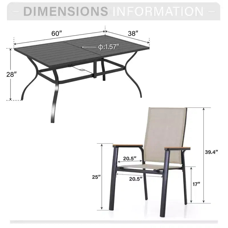 Captiva Designs, table de salle à manger rectangulaire 7 pièces en lattes et chaises en textilène avec accoudoirs imitation bois