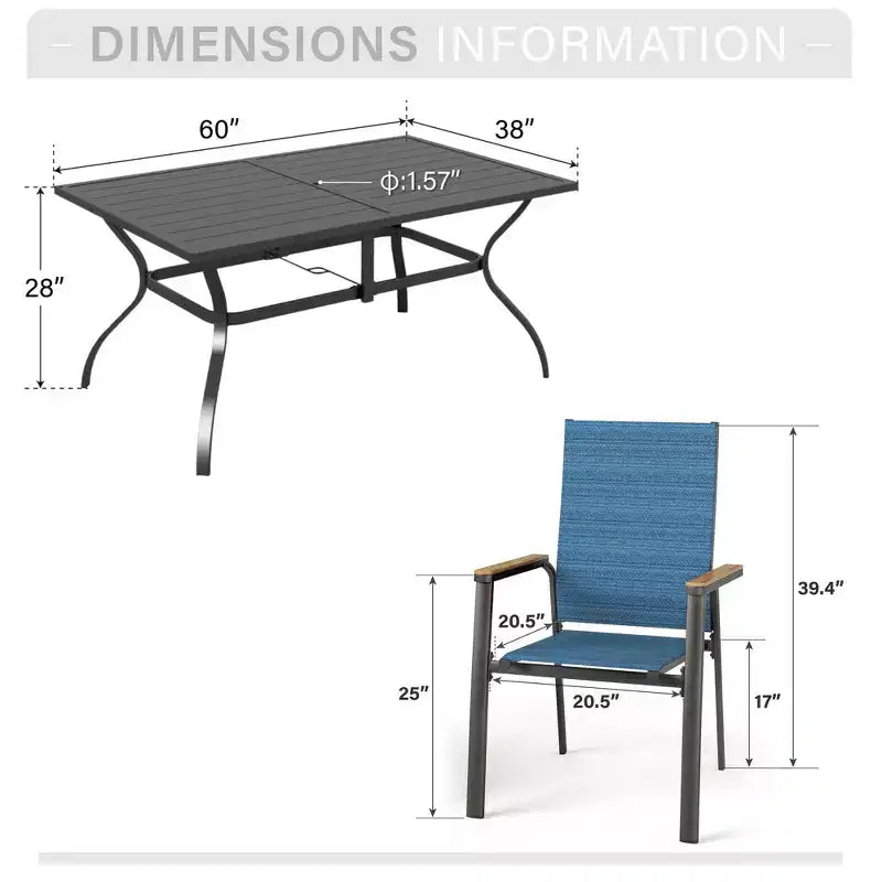 Captiva Designs, table de salle à manger rectangulaire 7 pièces en lattes et chaises en textilène avec accoudoirs imitation bois