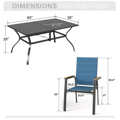 Captiva Designs, table de salle à manger rectangulaire 7 pièces en lattes et chaises en textilène avec accoudoirs imitation bois