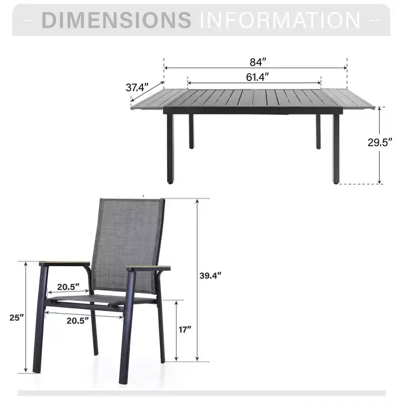 Captiva Designs, table de salle à manger rectangulaire 7 pièces en lattes et chaises en textilène avec accoudoirs imitation bois