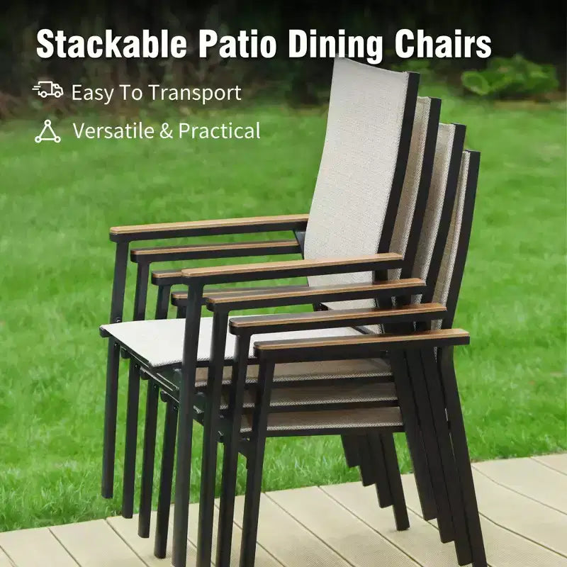 Captiva Designs, table de salle à manger rectangulaire 7 pièces en lattes et chaises en textilène avec accoudoirs imitation bois