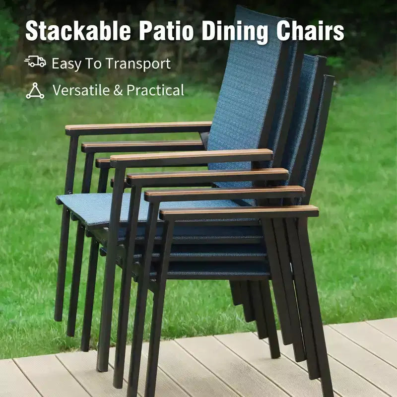 Captiva Designs, table de salle à manger rectangulaire 7 pièces en lattes et chaises en textilène avec accoudoirs imitation bois