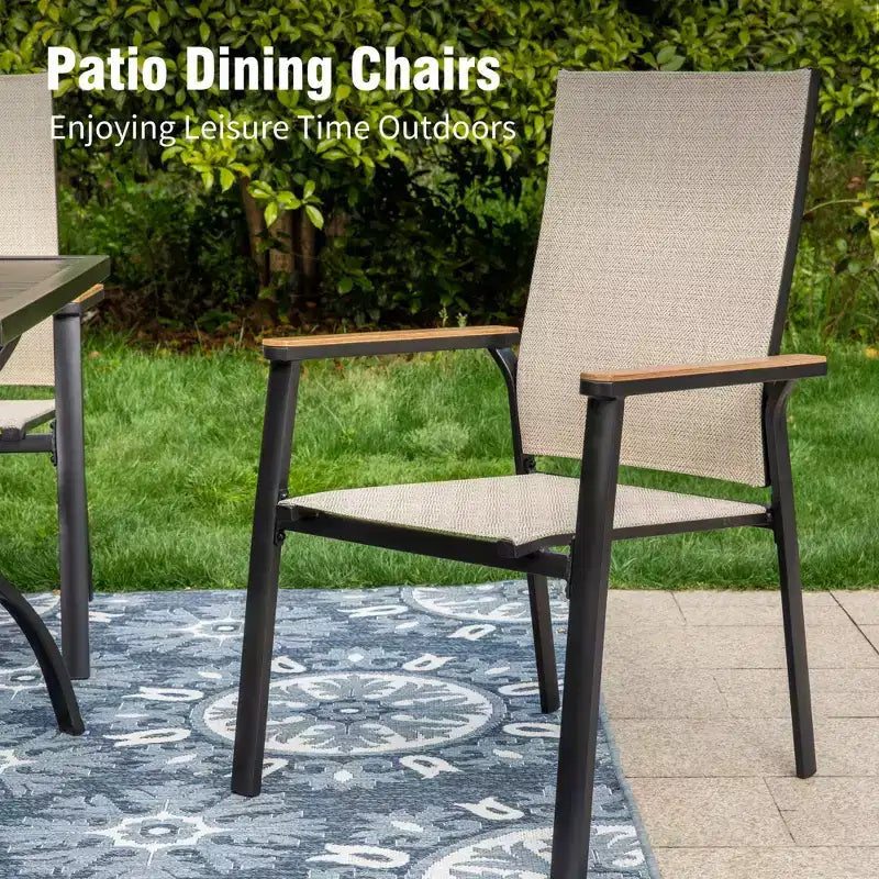 Captiva Designs, table de salle à manger rectangulaire 7 pièces en lattes et chaises en textilène avec accoudoirs imitation bois