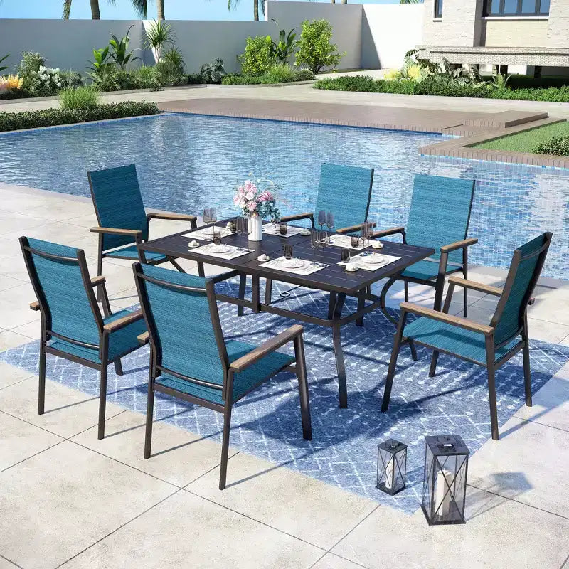 Captiva Designs, table de salle à manger rectangulaire 7 pièces en lattes et chaises en textilène avec accoudoirs imitation bois