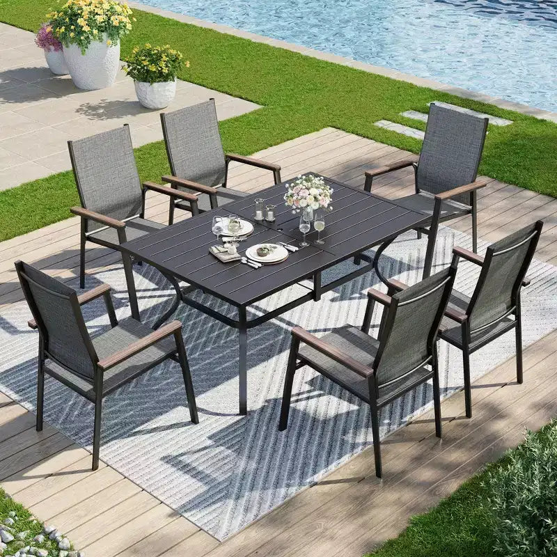Captiva Designs, table de salle à manger rectangulaire 7 pièces en lattes et chaises en textilène avec accoudoirs imitation bois
