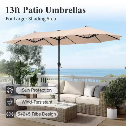 Captiva Designs - Ensemble de 8 pièces pour patio extérieur : Table rectangulaire en acier, chaises pivotantes en rotin et parasol beige